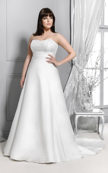 Strapless A-line Satin plus size wedding dress With Lace top And Corset Back