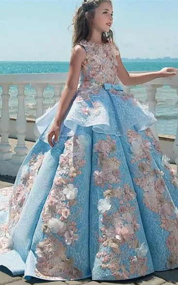 Floral Sleeveless Ruched Low-V Back Ball Gown Flower Girl Dress