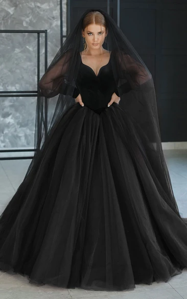 Gothic Queen Anne Neck Ball Gown Long Sleeve Tulle Wedding Dress with Corset Back