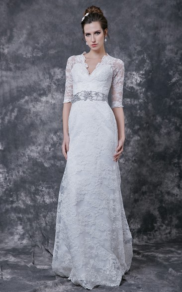 Lace Crystal Embellished Waist 3-4-Sleeve Stylish Dress