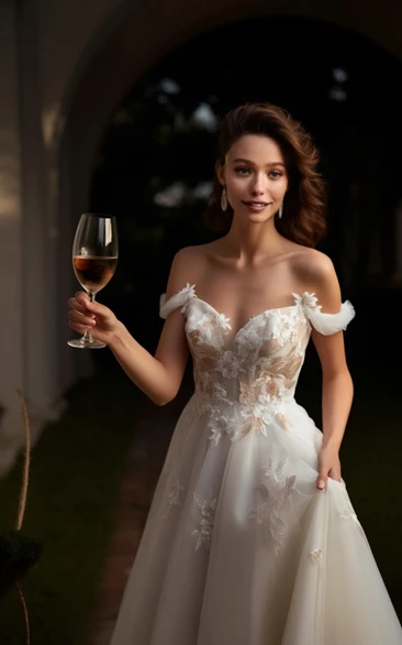 Off the Shoulder Sweetheart Neck Empire Reception Bridal Dress with Appliques