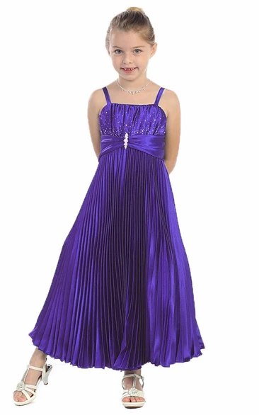 Pleated Ankle-Length Spaghetti Satin Flower Girl Dress