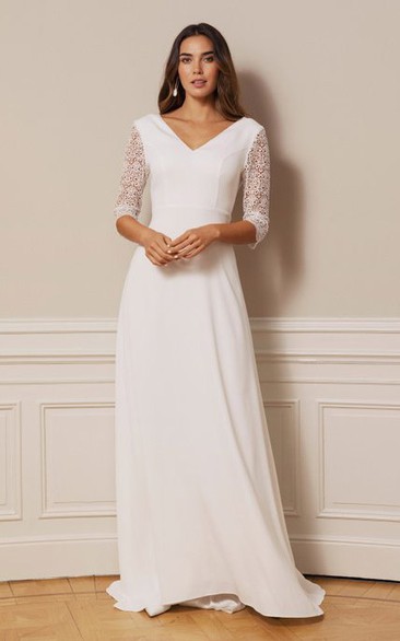 Casual V-neck A Line Chiffon Lace Floor-length Deep-V Back Wedding Dress