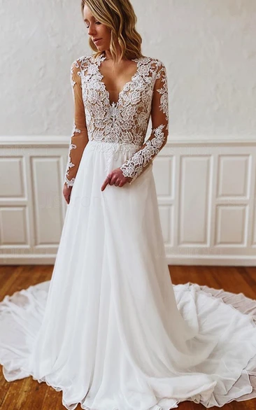 A Line V-neck Chiffon Lace Floor-length Court Train Long Sleeve Wedding Dress With Appliques