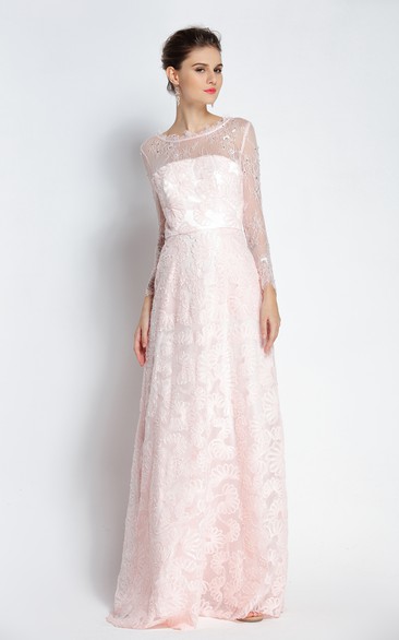 Floor-length A-Line Bateau Scalloped Long Sleeve Lace Prom Dress with Beading and Pockets