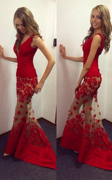 V-Neckline Sheer Skirt Floor-Length Lace Prom Red Sassy Trumpet Dress