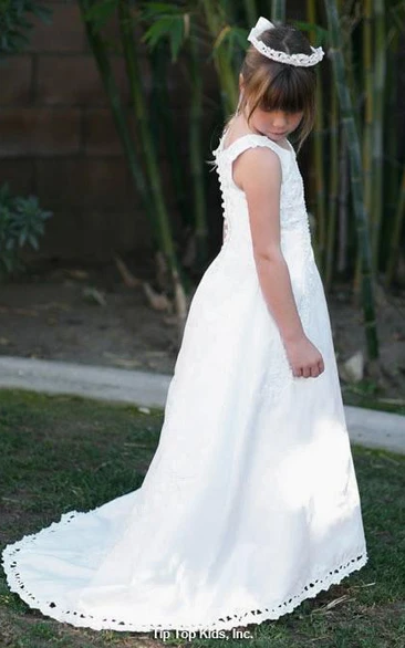 Satin Long Train Flower Jeweled Embroidered Flower Girl Dress