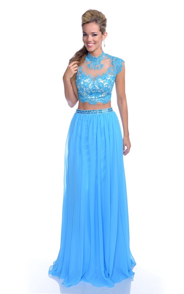 Chiffon Sequined Lace-Bodice Cap-Sleeve Crop-Top Formal Dress