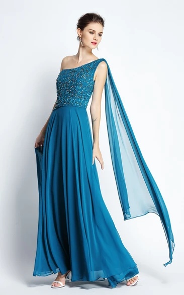 Floor-length A-Line One-shoulder Sleeveless Chiffon Prom Dress with Draping and Pleats
