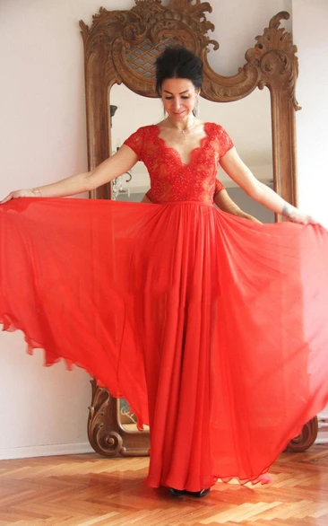 Lace V-neck Short Sleeve Chiffon Floor-length Dress With Pleats