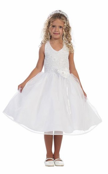 Jeweled Organza Tea-Length Floral Lace Flower Girl Dress
