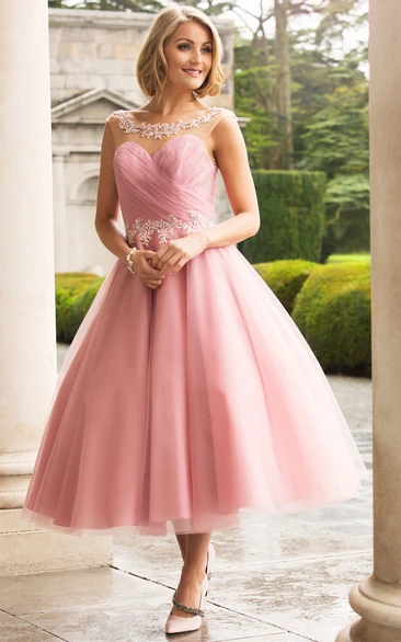Tea-length scoop-neck Criss-cross Tulle Dress With Low-V Back