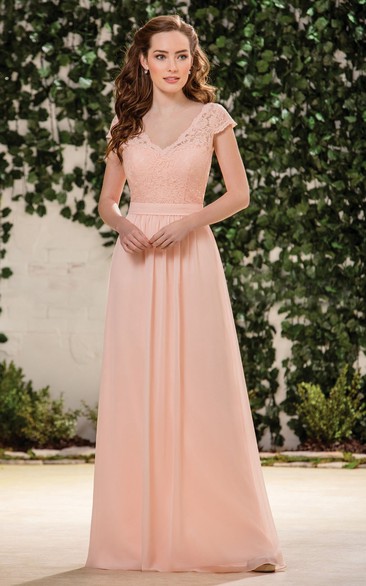 V-neck Cap-sleeve Floor-length Lace And Chiffon Bridesmaid Dress