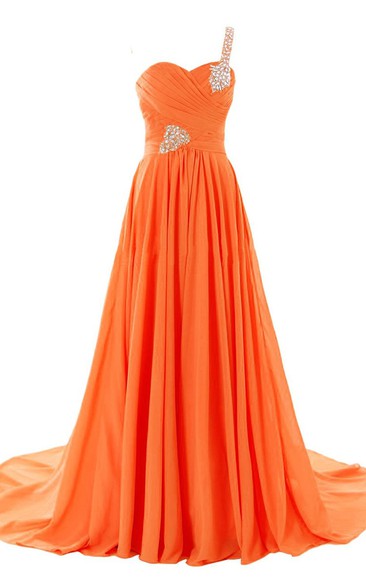 Ruched Rhinestoned Sweetheart One-Shoulder A-Line Gown