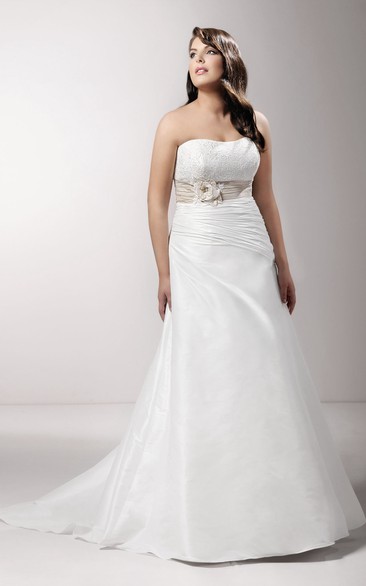 Strapless A-line Ruched Satin Wedding Dress With Lace And Flower