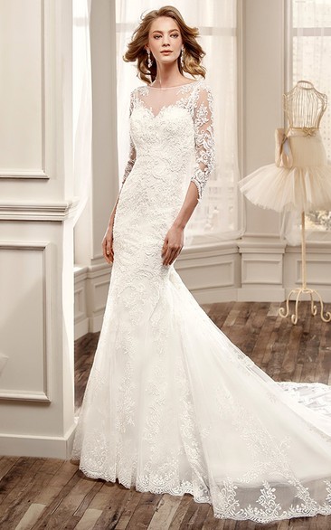 Bateau 3-4-sleeve Mermaid Lace Appliqued Wedding Dress With Illusion And Court Train