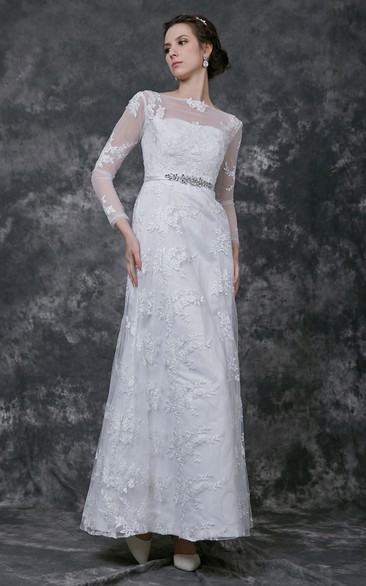 A-Line Jeweled Belt Full-Sleeve Sophisticated Gown