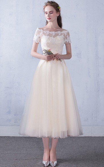 Off-the-shoulder Tulle Lace Tea-length Formal Dress With Appliques