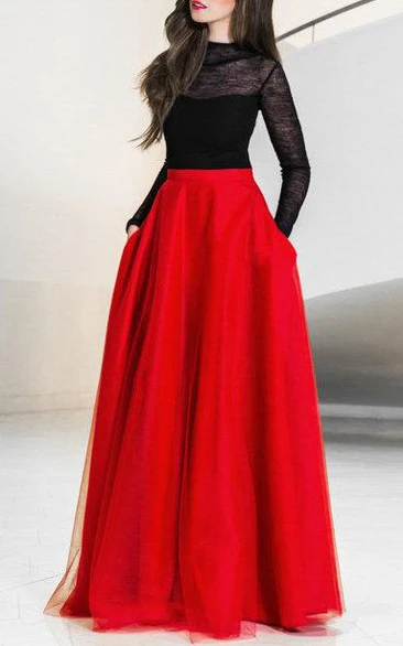 Jewel-Neck Illusion Long Sleeve A-line Tulle Dress With Lace
