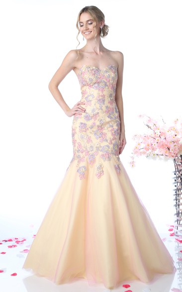 Multi-Color Backless Floral Appliqued Trumpet Full-Length Strapless Sweetheart Sleeveless Dress