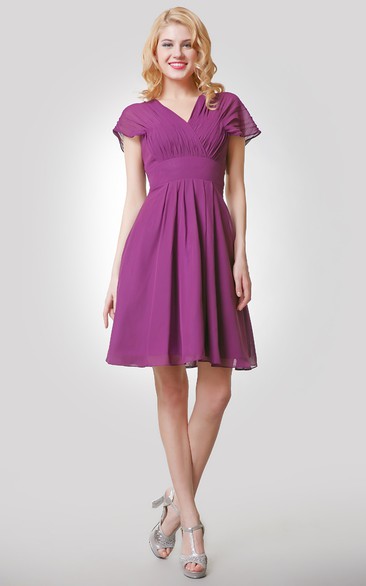 Chiffon Ruched V-Neckline A-Line Short Empire Dress