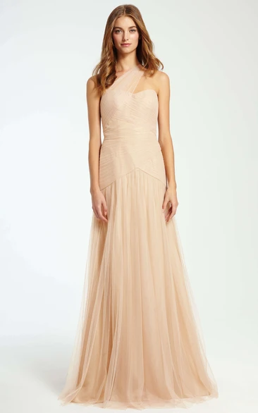 One-shoulder Tulle Ruched long Bridesmaid Dresses