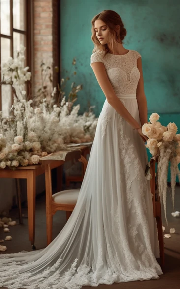 Cap Sleeve Causal Empire Tulle Wedding Dress with Appliques and Sash