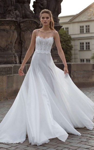 Elegant A Line Spaghetti Lace Floor-length Sleeveless Wedding Dress with Ruching