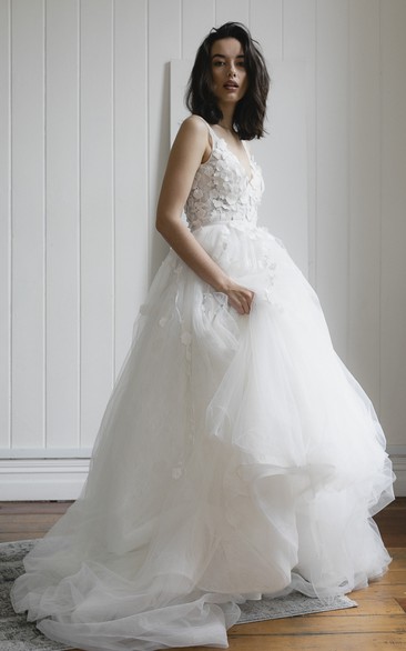 Romantic Plunging V-neck Sleeveless Deep V-back Bridal Ballgown With Lace Appliques And Tulle Skirt