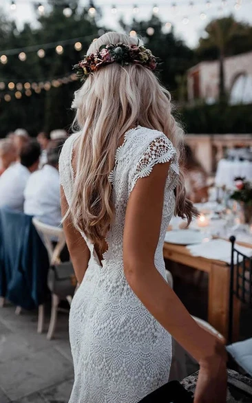Bohemian Cap Sheer Lace Sheath Jewel-neck Wedding Dress with Deep-v Back