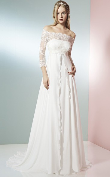 Off-the-shoulder 3-4-sleeve Empire A-line Wedding Dress With Lace 