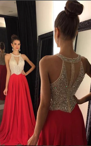 Long Chiffon Crystals Red Elegant Dress