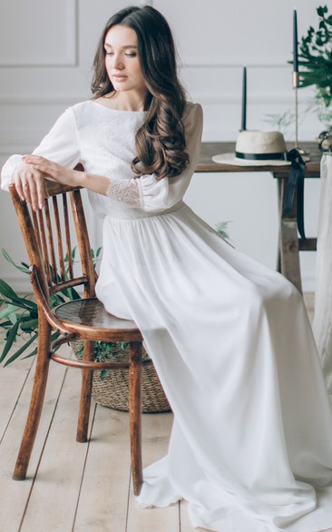 Long Sleeve Scoop-neck Empire Chiffon Deep-v Back Lace Wedding Dress