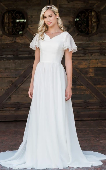 Elegant Short Sleeve Chiffon V-neck A Line Floor-length Brush Train Wedding Dress with Ruffles