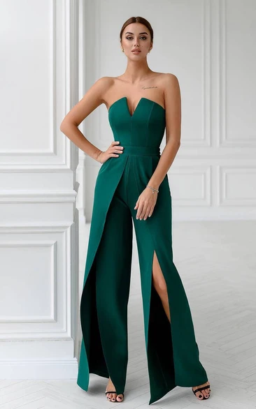 Emerald Green Formal Evening Bridesmaid Slit Wide Leg Jumpsuit