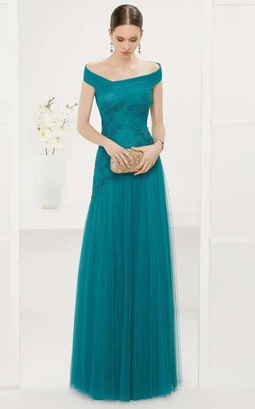 A-line Off-the-shoulder Sleeveless Floor-length Tulle Wedding Guest Dress with Low-V Back and Ruching