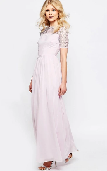 Short Sleeve Chiffon Ankle-length Dress With Sequins