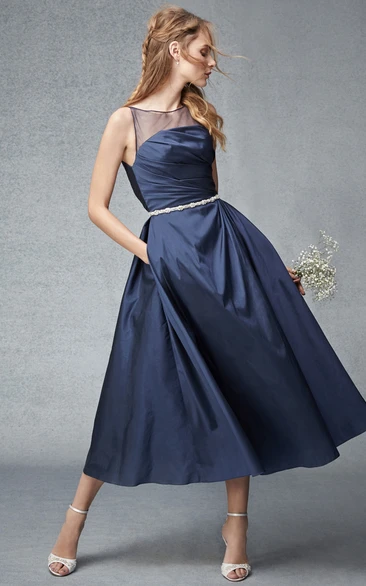 Scoop-neck Sleeveless Satin A-line Gown With Ruching