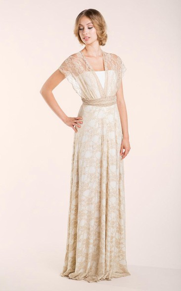 casual Lace Cap-sleeve Sheath Floor-length Dress With bow