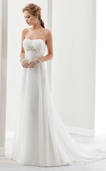 Strapless Draping Bridal Gown With Pleated Bust And Invert-V Beaded Waist