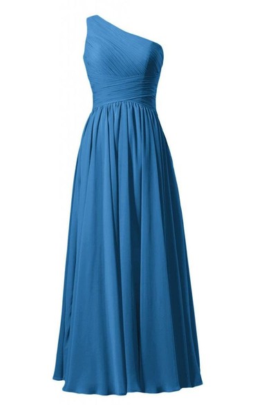 Floor-Length Chiffon Ruched-Bodice Single-Shoulder Pleated Gown