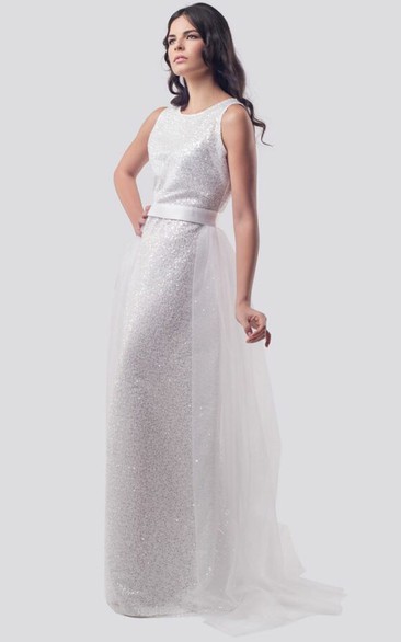 Modern A Line Floor-length Sleeveless Sequins Formal Dress with Removable Skirt
