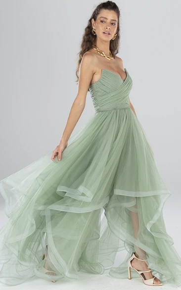 Casual Floor-length Sleeveless Open Backless Tulle A Line Formal Dress with Ruffles