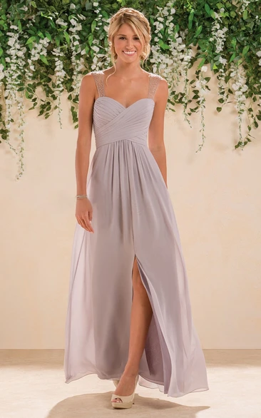 A-line Sweetheart Sleeveless Floor-length Chiffon Bridesmaid Dress with Split Front and Illusion Straps