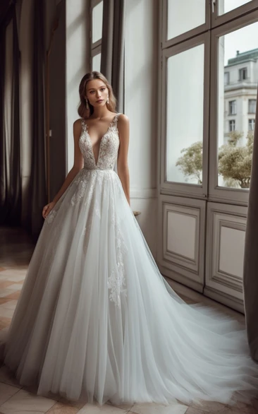 Romantic Deep V Neck Tulle Wedding Dress with Appliques and Straps