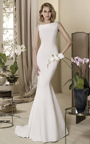Sheath Bateau Sleeveless Floor-length Satin Wedding Dress with Deep-V Back and Beading
