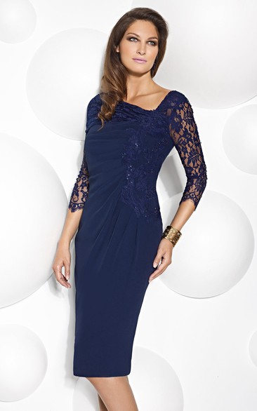 Lace 3-4-sleeve Pencil Knee-length Dress With Ruching And Appliques