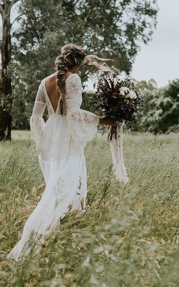 Boho Long Sleeve V-neck Ruched Sheath Lace Wedding Dress