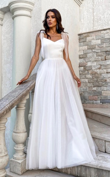 Simple And Cute Satin Tulle Spaghetti V-neck Wedding Dress With Bows On Shoulder