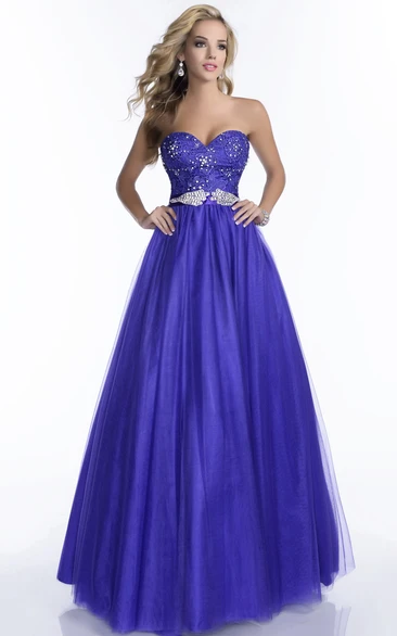 A-Line Beaded Waist Lace-Bodice Tulle Long Formal Dress